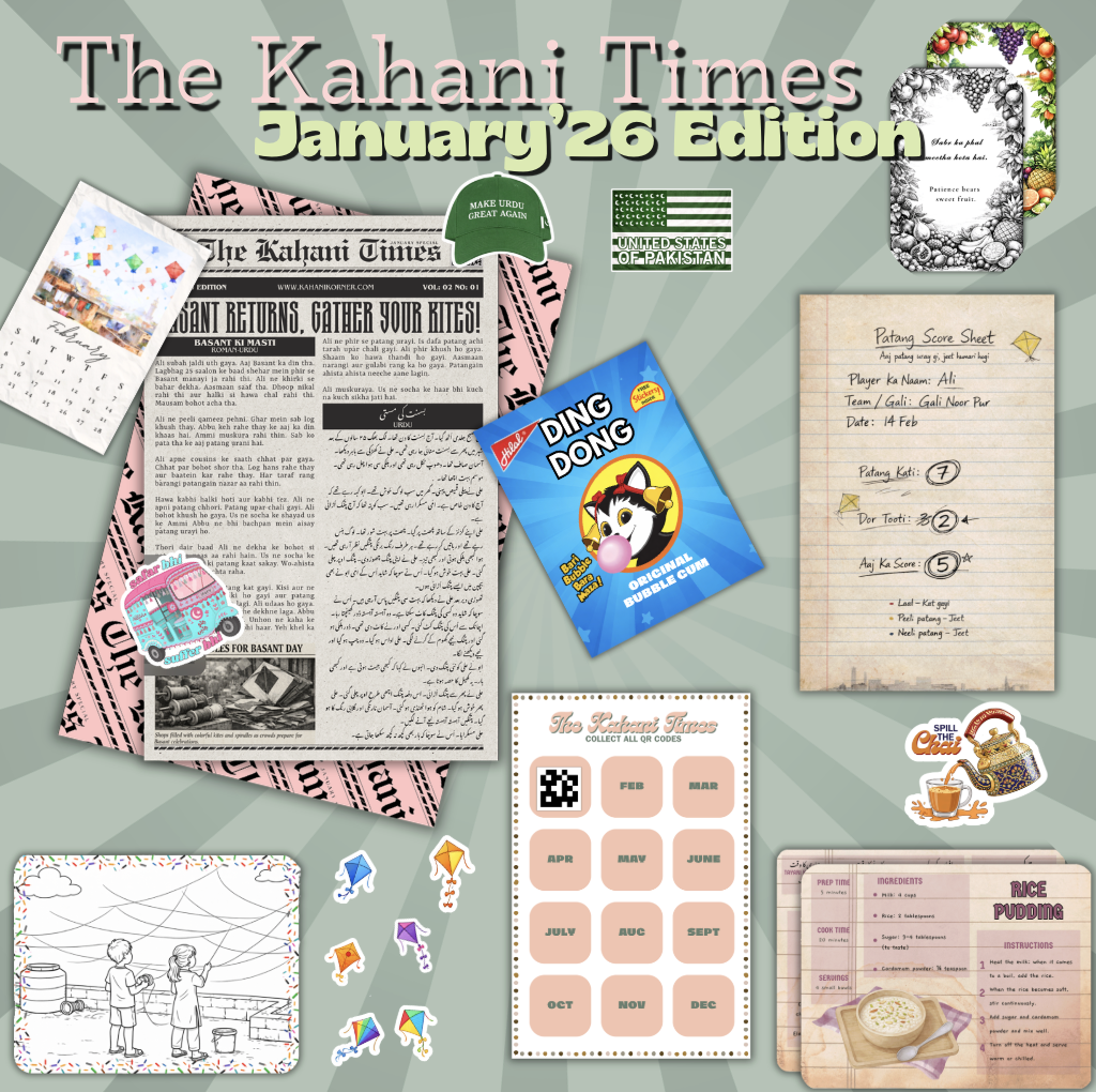 Language activity kit with flashcards and stickers on a table